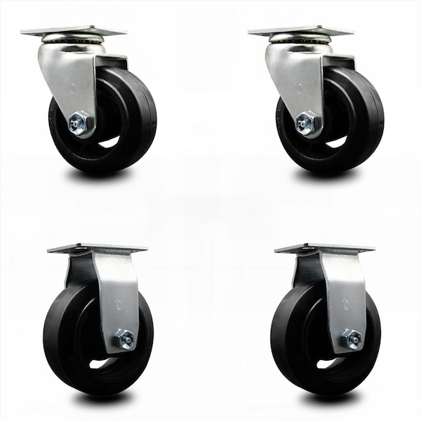4 Inch Rubber on Cast Iron Caster Set with Ball Bearings 2 Swivel 2 Rigid